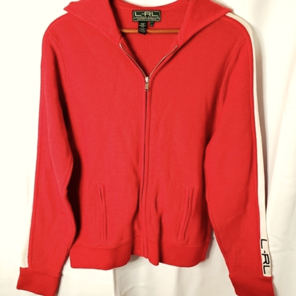 Lauren Ralph Lauren Womens Full-Zip Hooded Jacket Red Waffle Knit Size Large